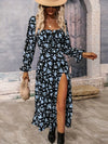 Floral Print Ruffle Hem Dress, Elegant Square Neck Long Sleeve Split Dress For Spring & Fall, Women's Clothing