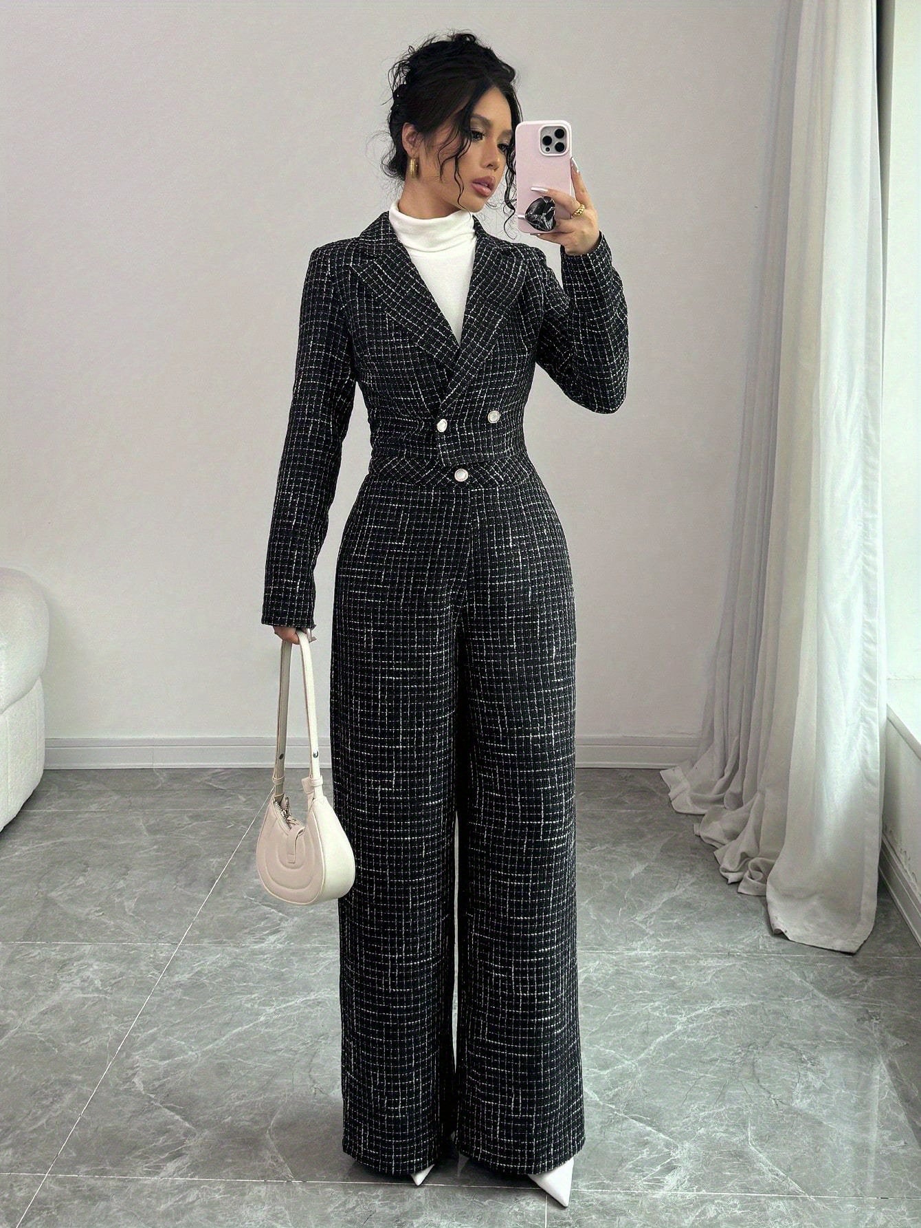 2pcss Women Elegant Set - Plaid Printed Double-Breasted Long Sleeve Blazer Jacket & Loose Fit Trousers 2pcs Set