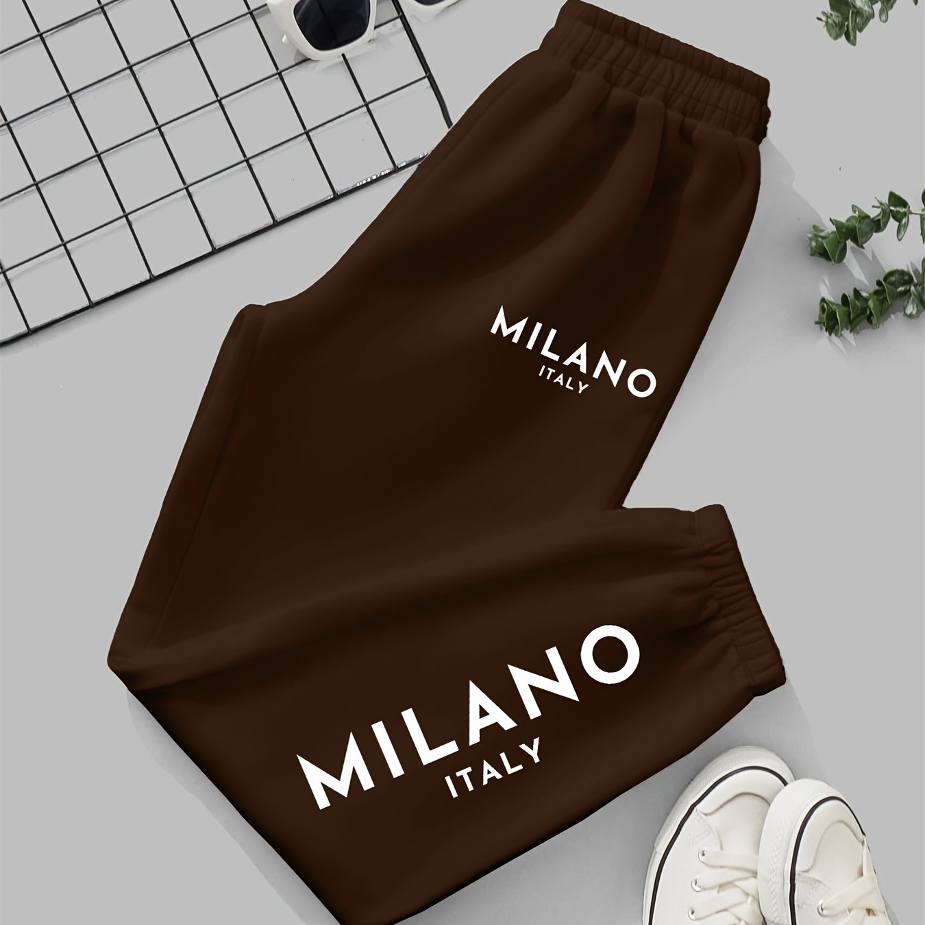 Milano Italy Printed Women'S Jogger Pants, Casual Knit Polyester 100% Fabric, 190g/m², All-Season, with Pockets, Fashionable Long Jogging Trousers for Adult