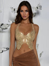 Women's Sexy Butterfly-Shaped Crop Top - V-Neck Buttonless Adjustable Back Tie, Shimmering Golden Sequin Solid Color Vest for Valentine's Day, Carnival & Party Wear - Spring/Summer/Fall Elegant Special Collection