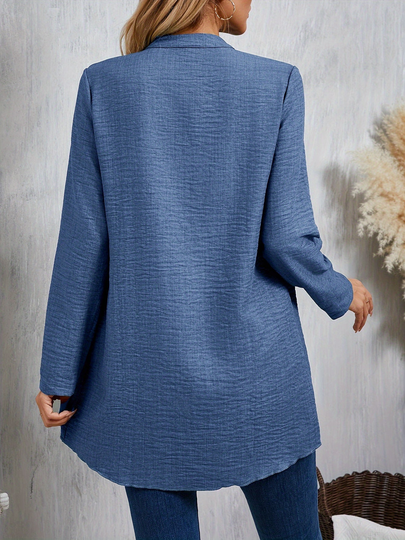 Solid Color Single Breasted Splicing Blouse, Elegant Long Sleeve Layered Blouse For Spring & Fall, Women's Clothing