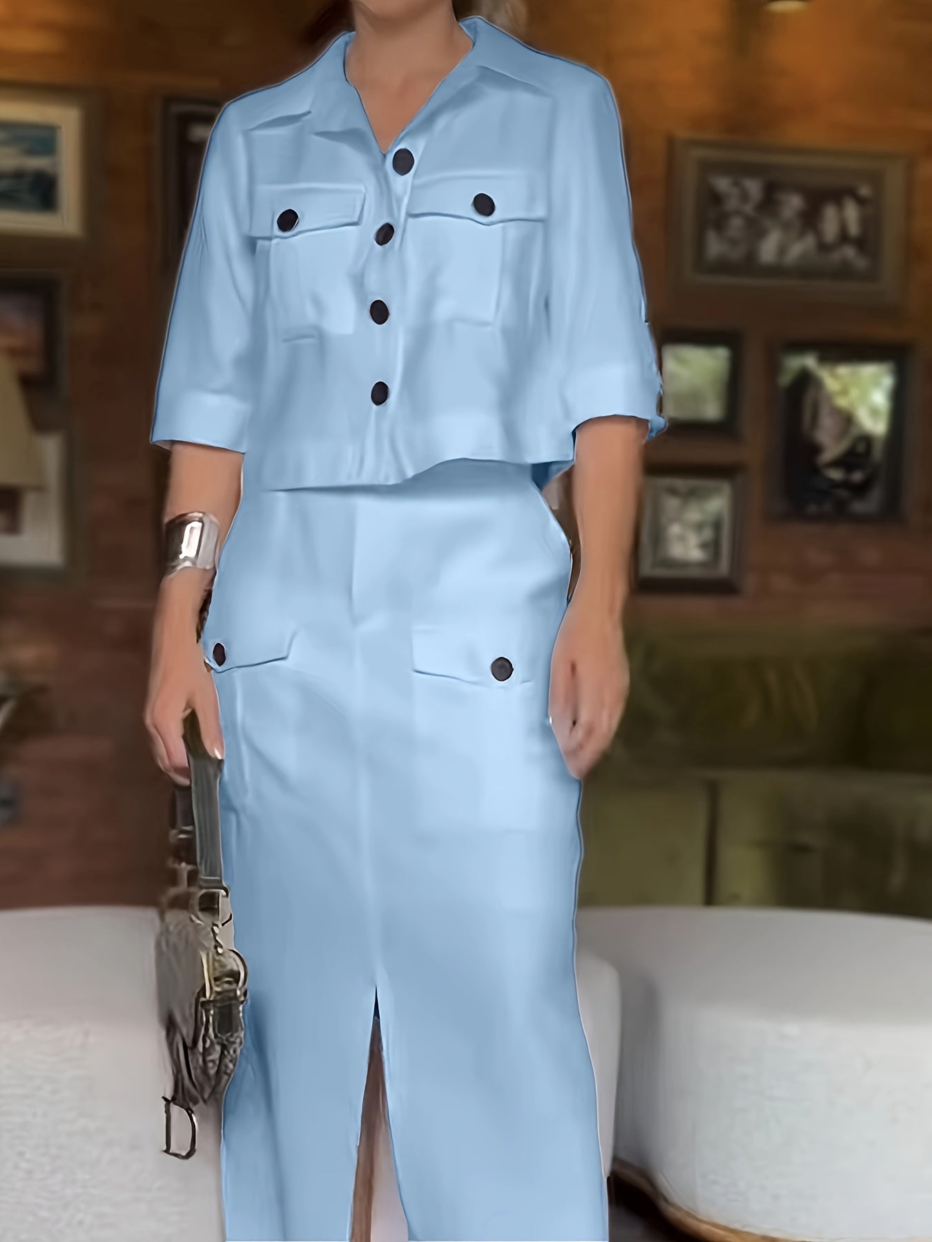 Elegant Light Blue Women'S Summer Casual Flap Collar Dress Set - Sleeveless Top with Pockets, High-Waisted Skirt with Slit, Stylish Black Heels, Perfect for Spring and Summer, Casual Attire|Modern Casualwear|Pocketed Skirt