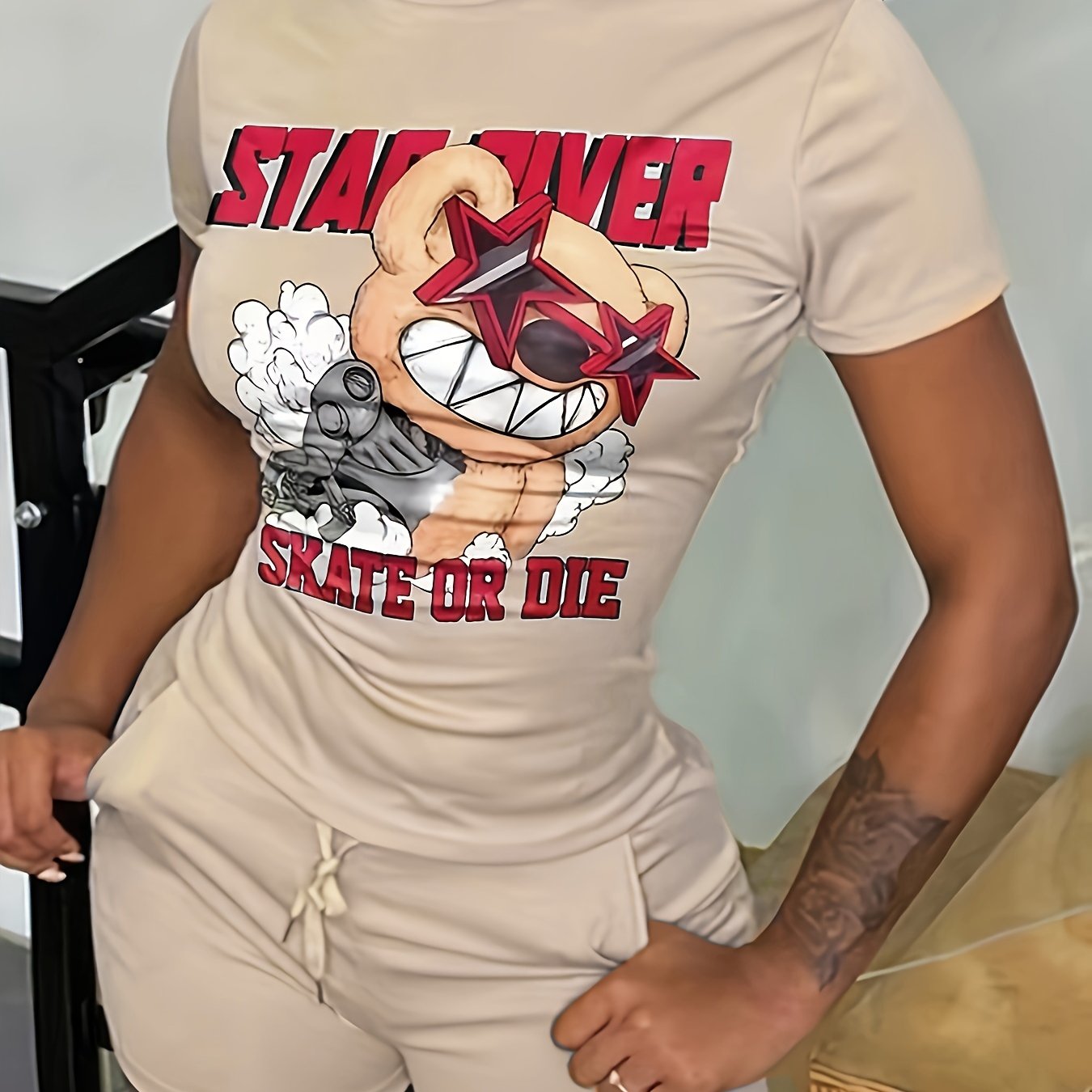 Casual Two-piece Set, Graphic & Letter Print Crew Neck Short Sleeve Top & Shorts Outfits, Women's Clothing