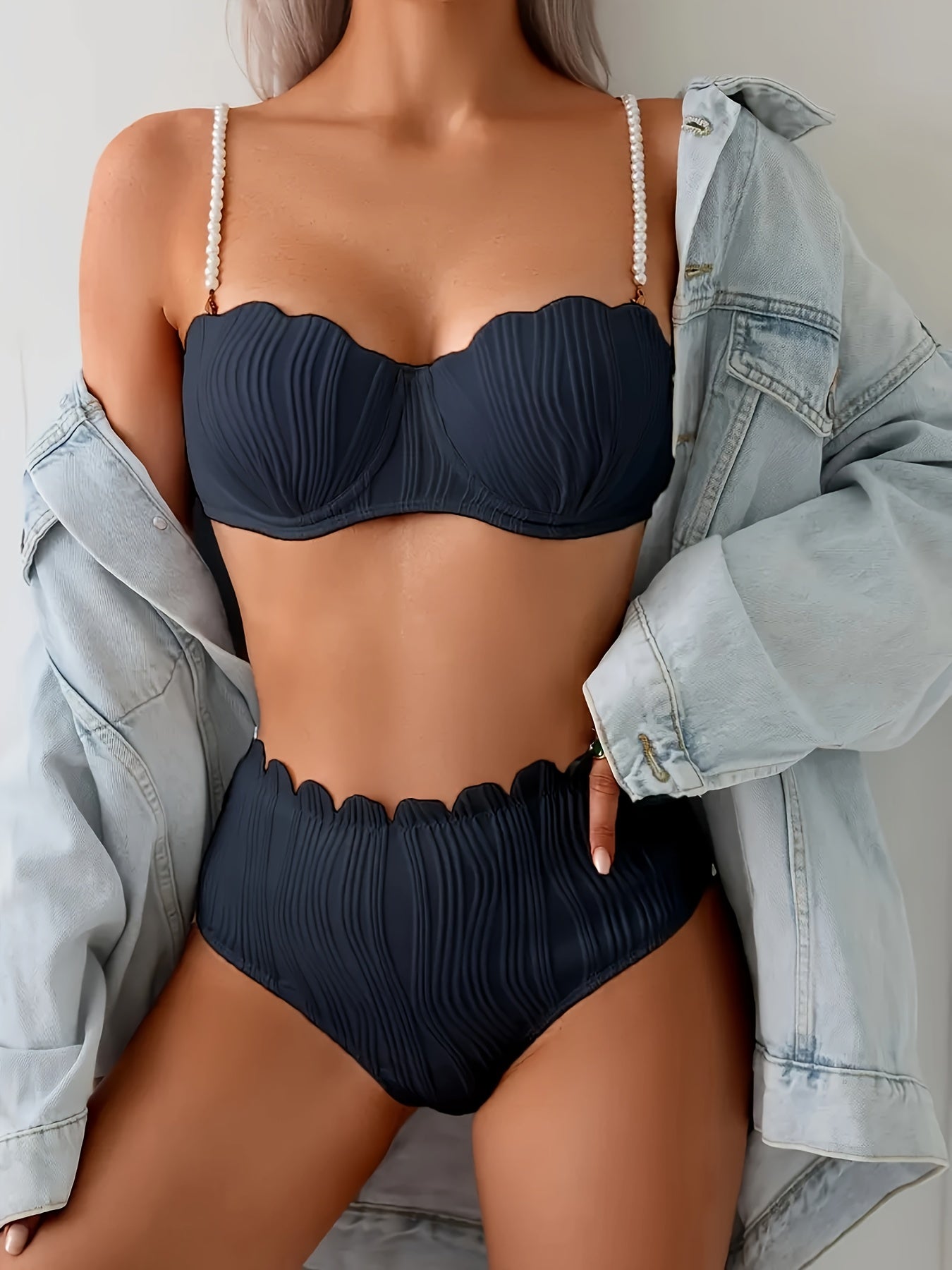 Elegant Off-Shoulder Two-Piece Bikini Set for Women - High-Waist, Backless, Stretchy Swimsuit with Ruched Detail, Dark Blue, Perfect for Poolside & Beach Wear, Beach Swimsuit|Ruched Detail Swimsuit|Stretchy Fabric