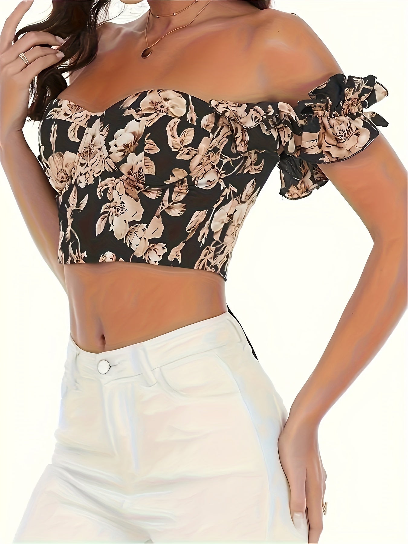 Elegant Vintage Floral Print Backless Ruffle Trim Crop Top with Built-In Bra - Machine Washable, Polyester