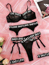 Sultry Letter Tape Chain-link Mesh Lingerie Set - Plunge Bra, Thong, and Garter Belt - Women's Sexy Underwear for Confidence Boost