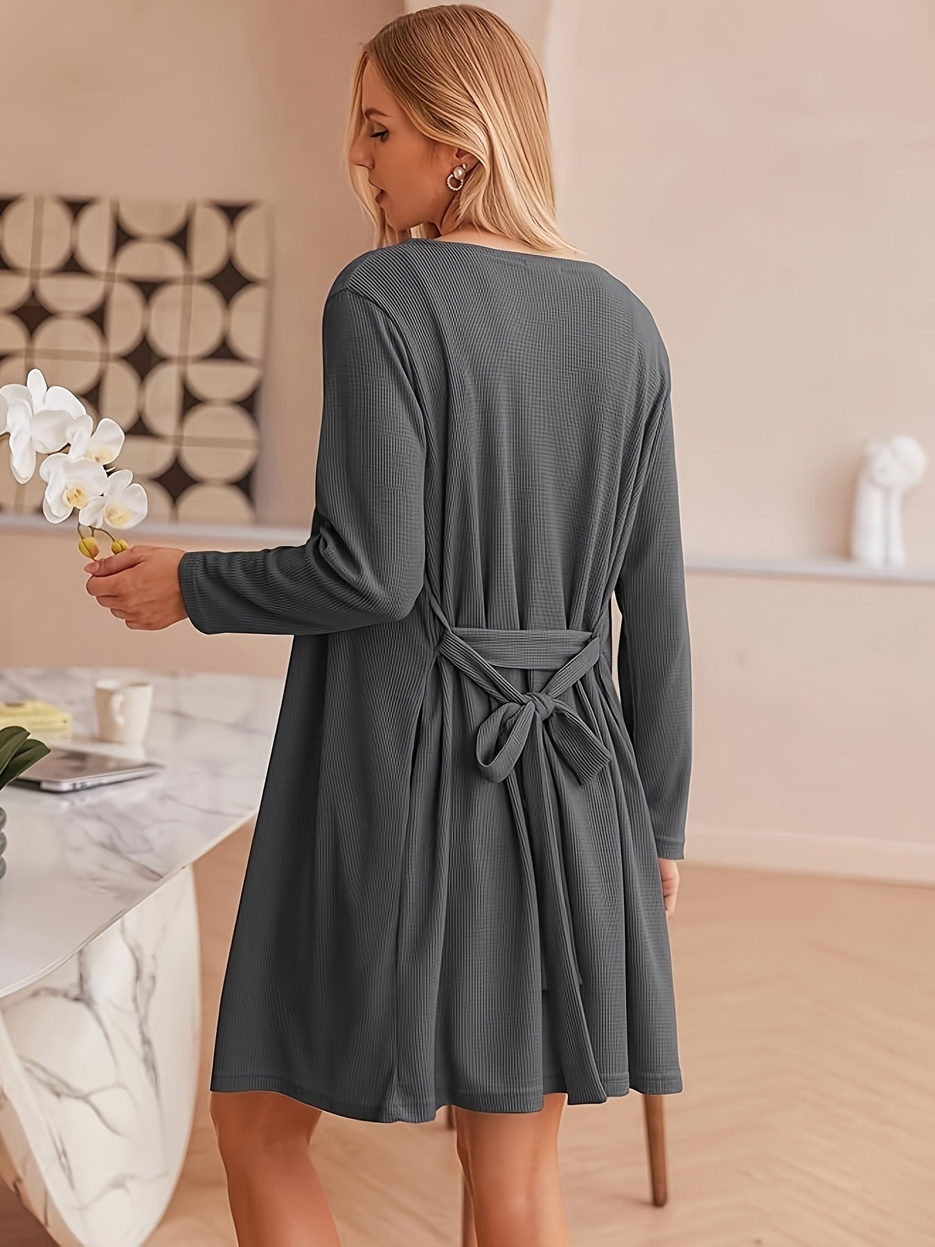 Women's Casual Solid Waffle Lounge Set, Long Sleeve Robe With Belt & Round Neck Backless Crop Cami Top & Shorts, Comfortable Relaxed Fit, Summer Home Wear