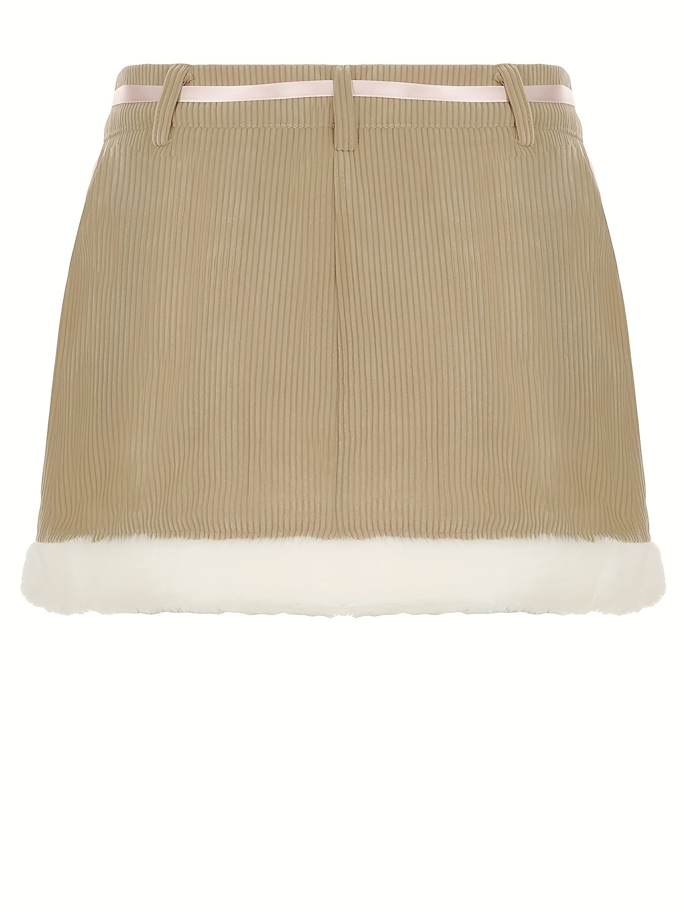 Women'S Autumn & Winter Faux Fur Trim Mini Skirt - Beige, Contrast Fur Detail, Adjustable Waistband with Bow, Stylish Shorts for Casual Attire, Casual Attire|Faux Fur Trim|Adjustable Waistband, Faux Fur Skirt