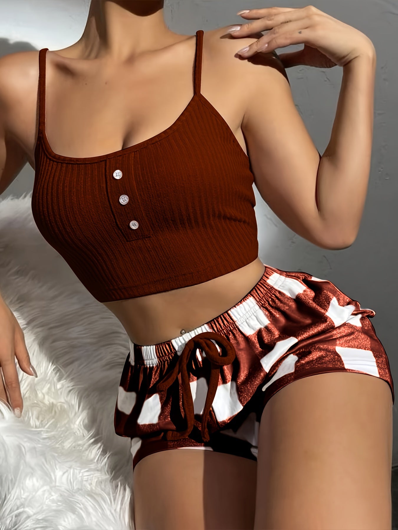 Plaid Print Lounge Set, Casual Ribbed Button Detail Round Neck Crop Cami Top & Drawstring Shorts, Women's Loungewear