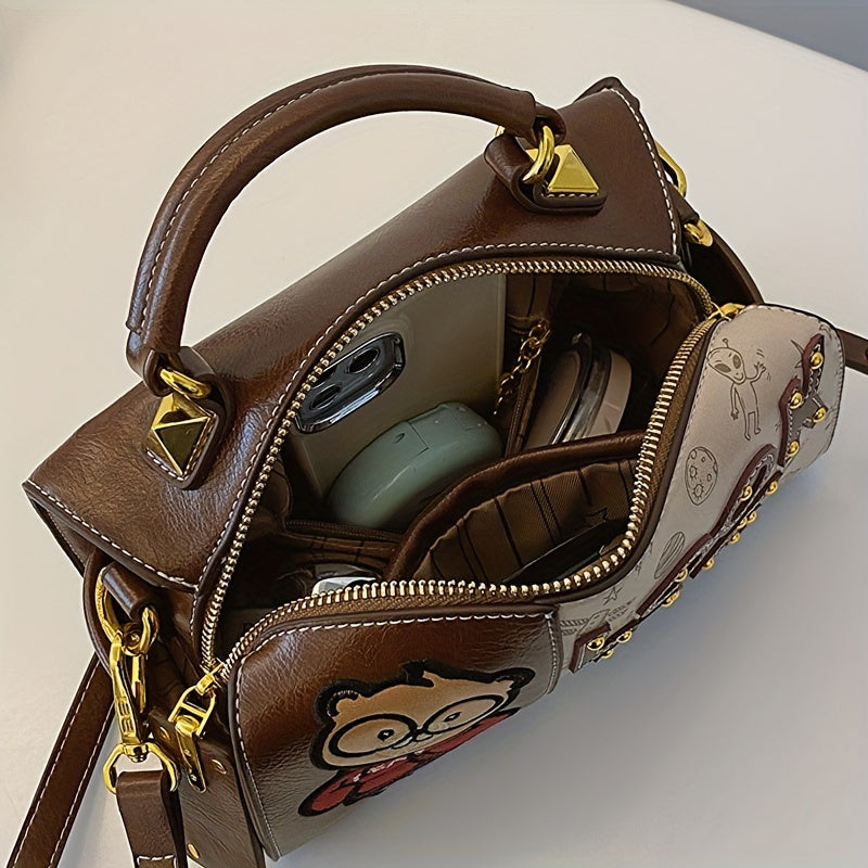 Vintage Cartoon Bear Print PU Leather Shoulder Bag with Embroidered Detail, Removable Strap, Zipper Closure, Polyester Lined, Animal Print Design, Edge Painted Boston Handbag