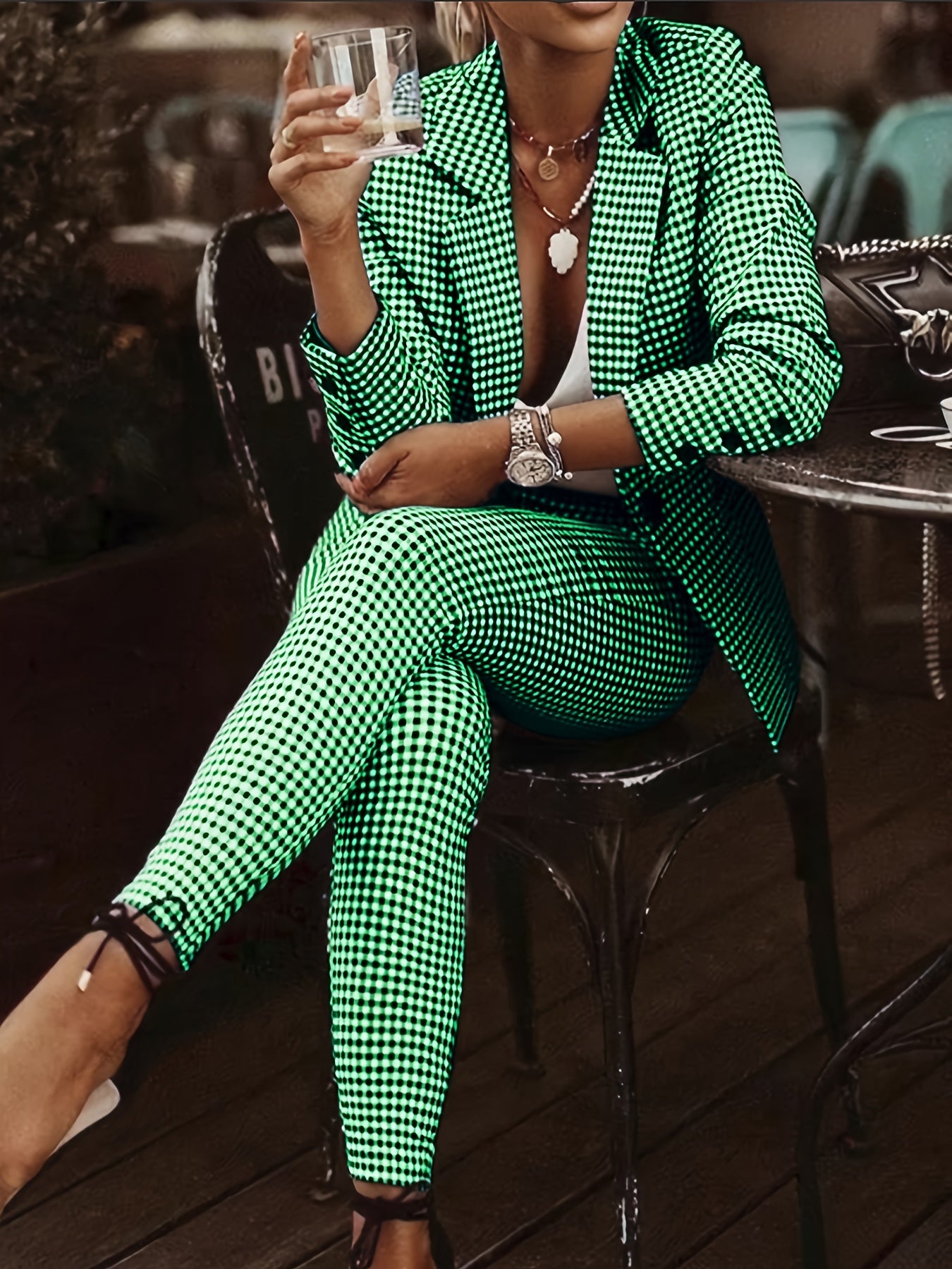 Print Blazer Set Elegant Women's Houndstooth Print Blazer - Casual Polyester Two-Piece with Lapel Collar, Long Sleeves & High-Waisted Pants, Machine Washable - Perfect for Work or Social Outings