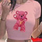 1pc Y2K Style Pink Teddy Bear Graphic Crop Top - Short Sleeve Round Neck Semi-Transparent Polyester Blend Tee for Women, Spring/Summer Casual Wear, Teddy Bear T Shirt