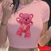 1pc Y2K Style Pink Teddy Bear Graphic Crop Top - Short Sleeve Round Neck Semi-Transparent Polyester Blend Tee for Women, Spring/Summer Casual Wear, Teddy Bear T Shirt