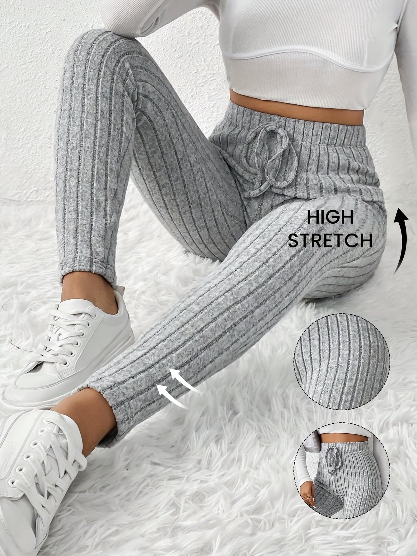 Elegant High-Waist Ribbed Knit Pants for Women - Cozy & Chic Brown Slim-Fit Trousers with Elastic Waistband, Perfect for Fall/Winter Casual Wear