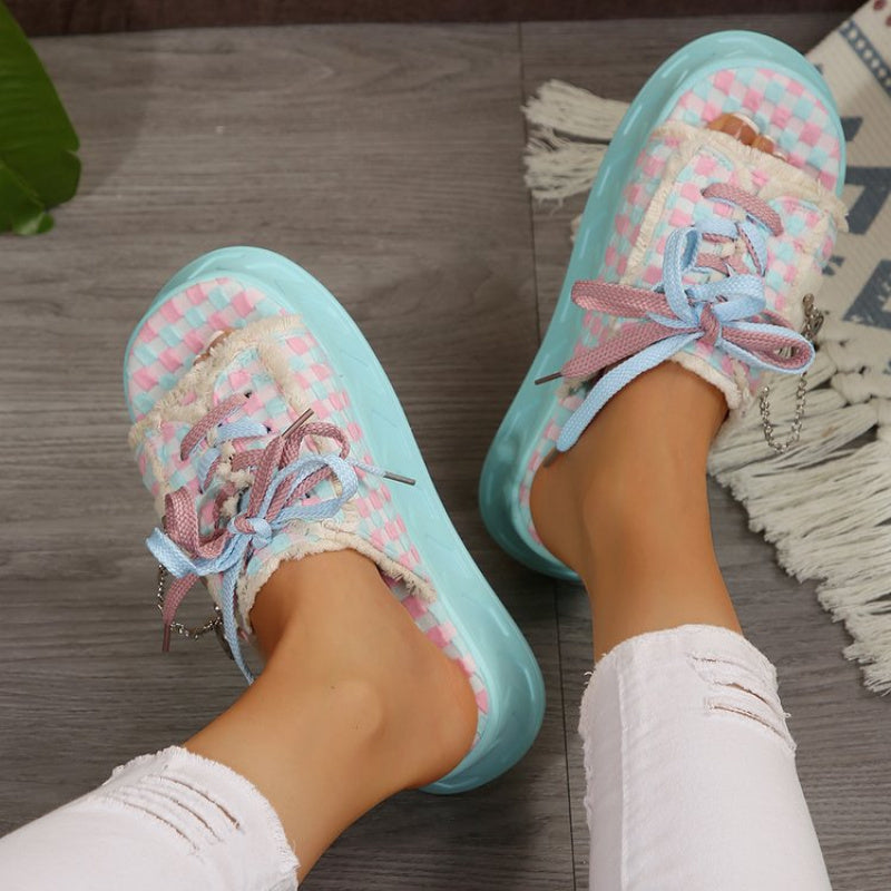 Women'S Chic Summer Canvas Slide Shoes - Pink & Blue Checkered Design, Thick Sole, Lace-Up with Charm, Casual Outdoor Footwear, Comfortable Fabric Upper, Rubber Sole, Round Toe, Fashionable and Casual