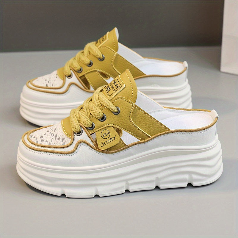 Comfortable Breathable Women's Platform Mule Sneakers, Casual Cutout Design Lace Up Summer Shoes