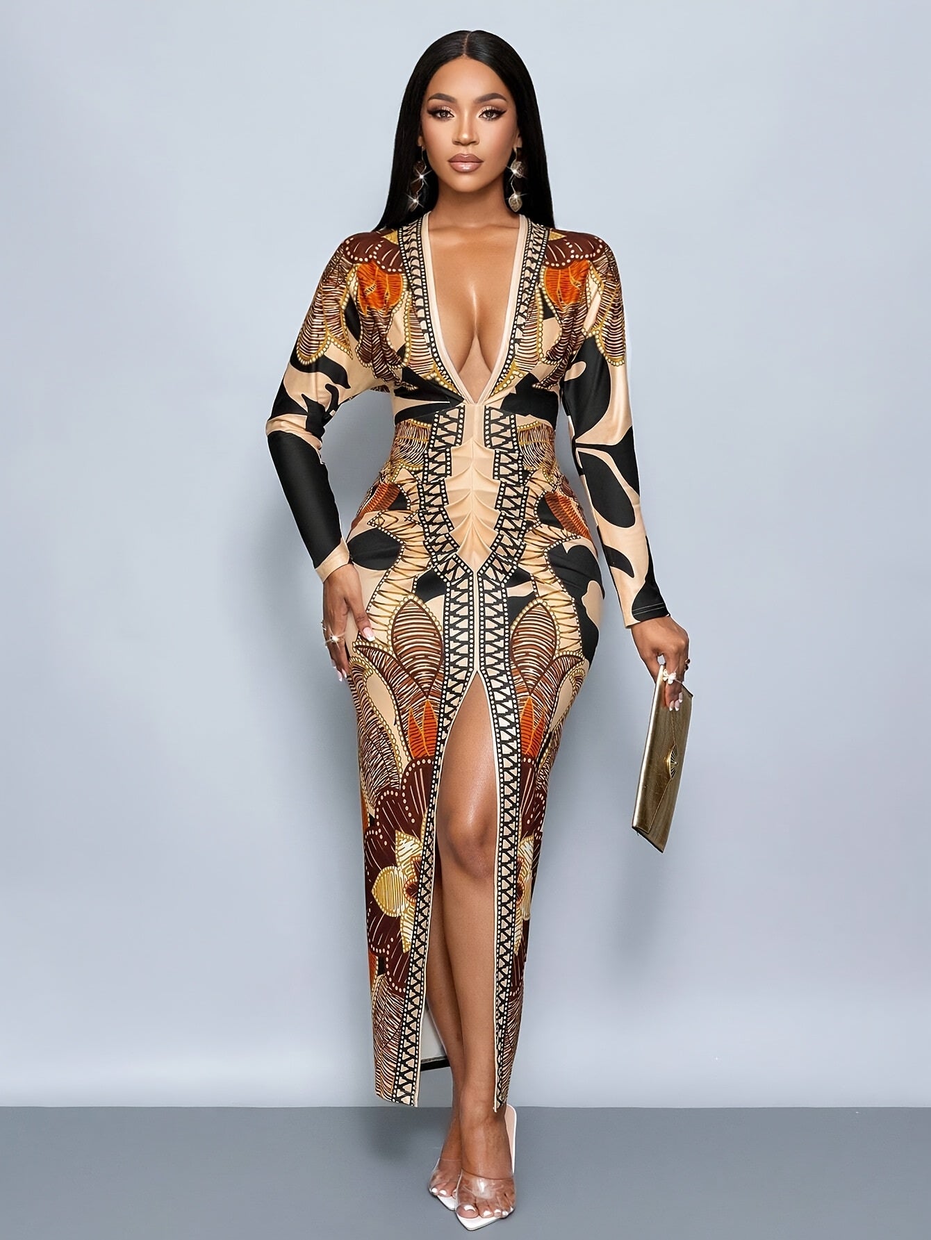Sexy Appeal] Elegant High-Waist V-Neck Maxi Dress with Chain Print & Side Slit - Long Sleeve, Stretchy Polyester Fabric, Machine Washable - Perfect for Spring/Summer, Women’s Fashion, Cute Dress