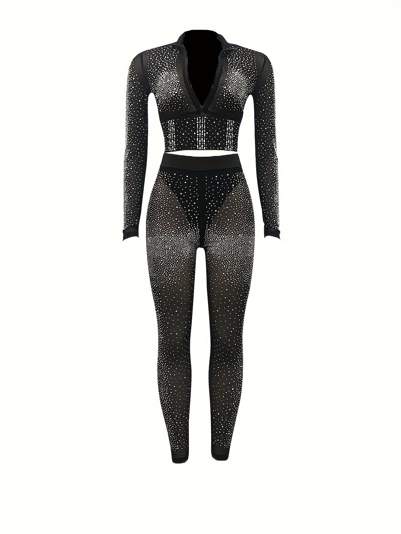 Chic Rhinestone-Embellished V-Neck Long Sleeve Top & Pants Set for Women - Sexy, Semi-Sheer Polyester Blend, Perfect for Spring/Summer, Sexy Style, Spring/Summer