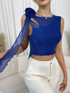 Elegant Women's Blue Lace Trim Sleeveless Crop Top with Floral Appliqué and Scarf Detail - Polyester Blend, Hand Washable