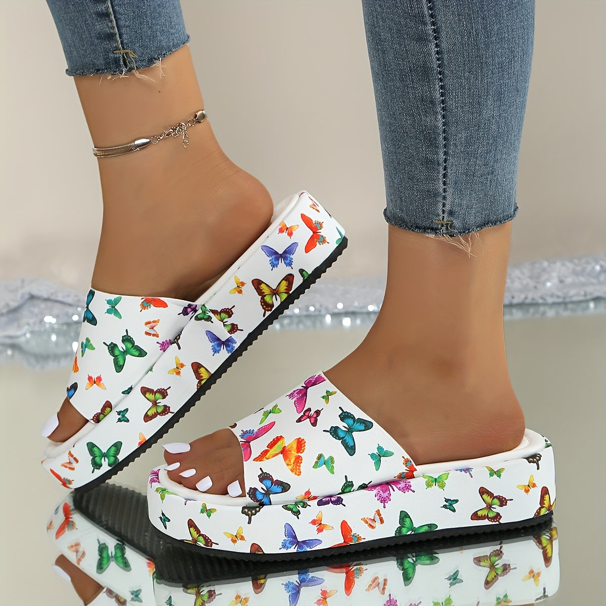 Women'S Fashionable Summer Platform Sandals with Butterfly Print - Slip-On, Open Toe, Rubber Sole, Synthetic Insole, All-Season Comfort, Casual Footwear | Vibrant Sandals | Comfortable Footwear