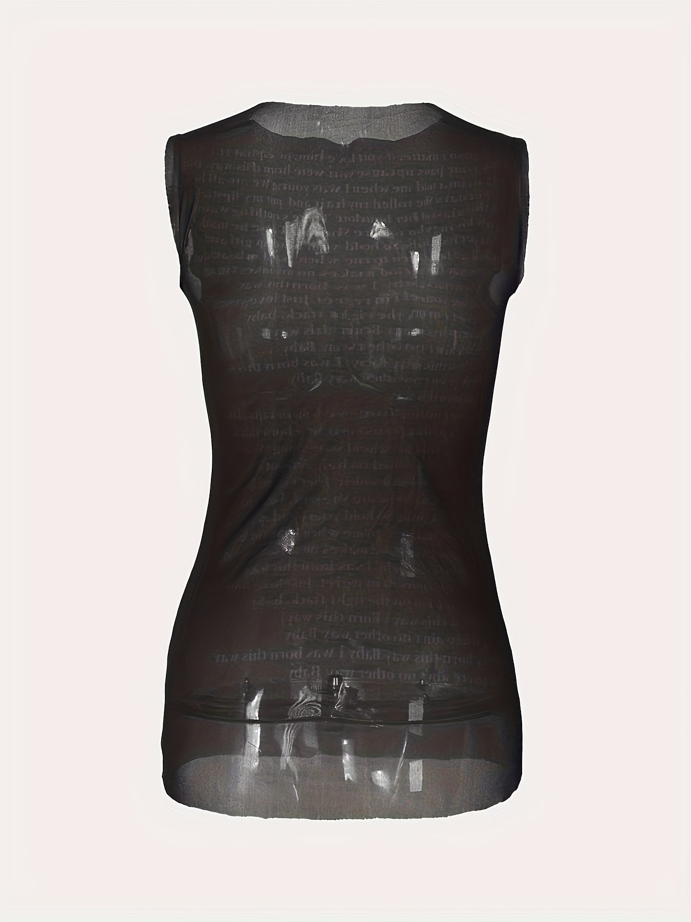 Women'S See-Through Letter Print Sleeveless Top - Stretchy Mesh Fabric, Round Neck, Sexy Backless Design for Club & Casual Wear, Spring Fashion Tee, Versatile Clothing | Backless Fashion | Mesh Fabric Top