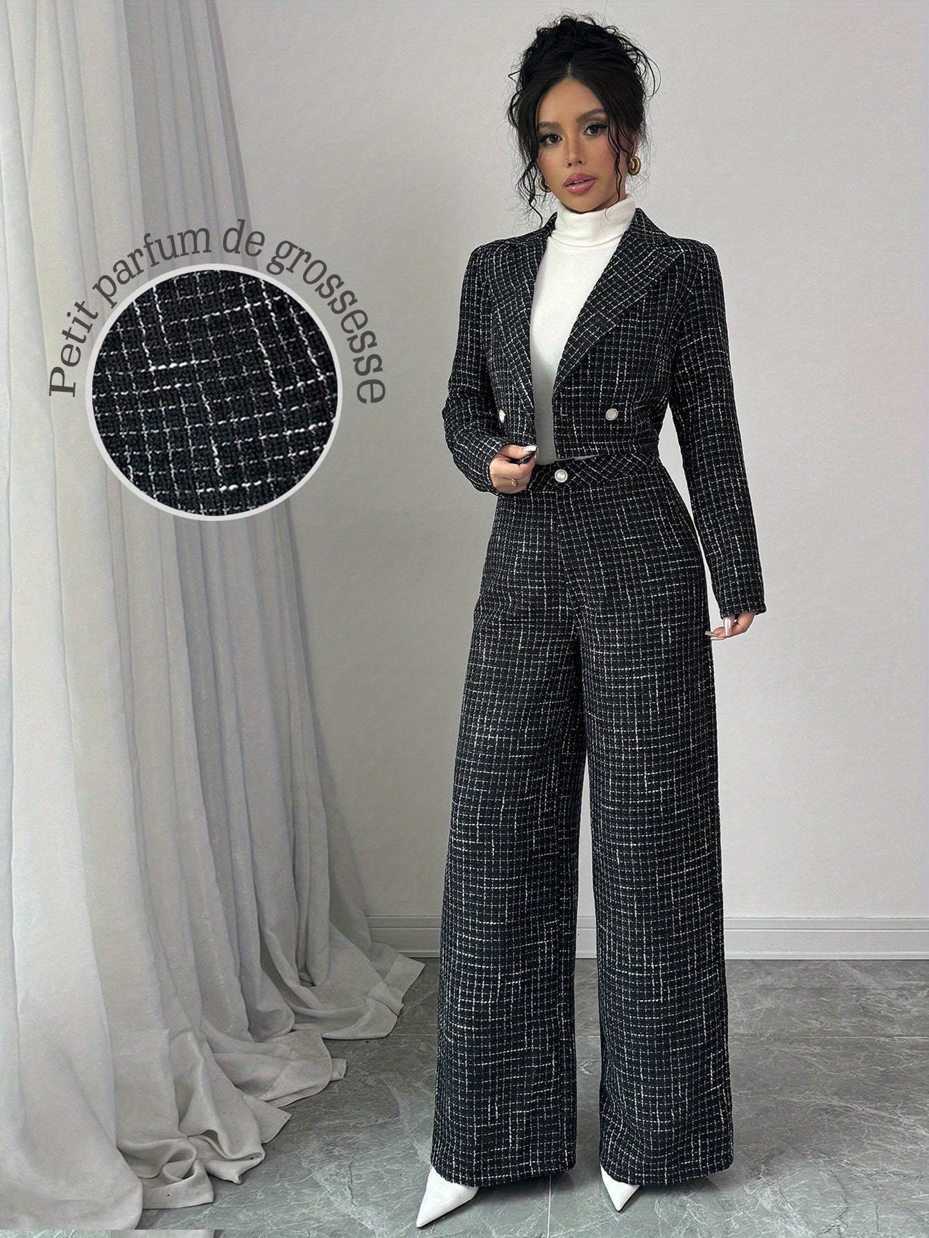2pcss Women Elegant Set - Plaid Printed Double-Breasted Long Sleeve Blazer Jacket & Loose Fit Trousers 2pcs Set