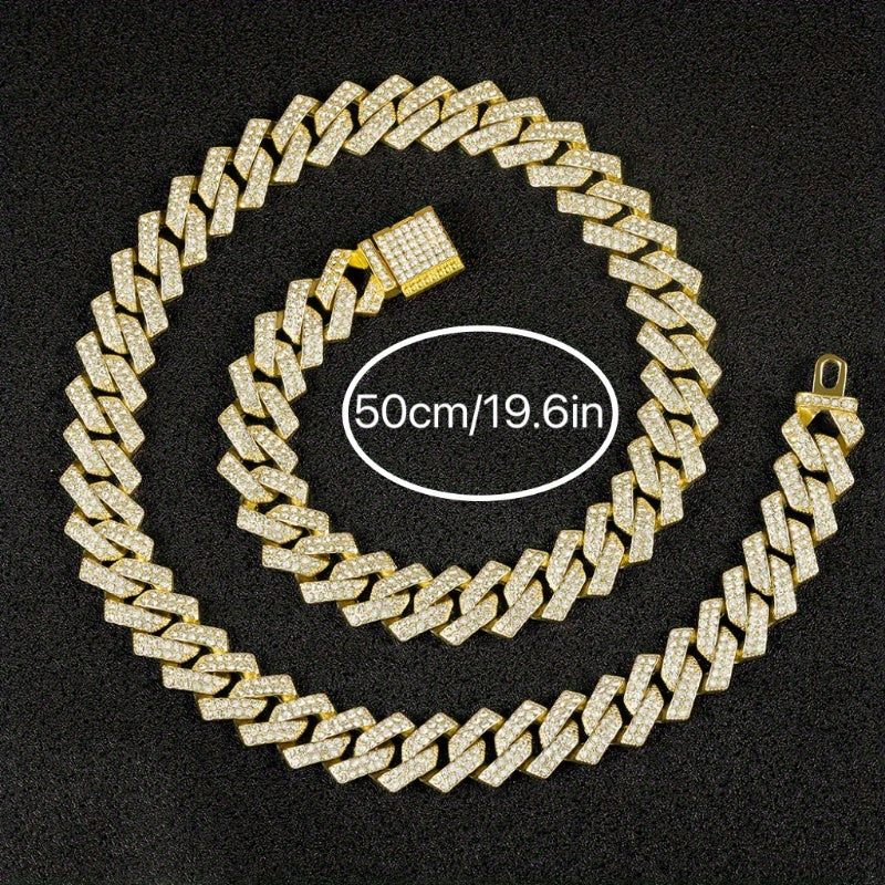 1 Luxurious Golden-Toned Cuban Link Chain Necklace with Sparkling Rhinestones - Hip-Hop Style Charm, Ideal for Daily Wear, Weddings & Special Occasions - Zinc Alloy, Perfect Gift for Her, Chunky Cuban Link Necklace