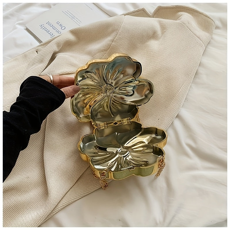 Y2K-Inspired Minimalist Golden Acrylic Crossbody Bag with Detachable Chain Strap – Stylish Flower Design for Women, Magnetic Closure, Perfect for Casual or Evening Outfits