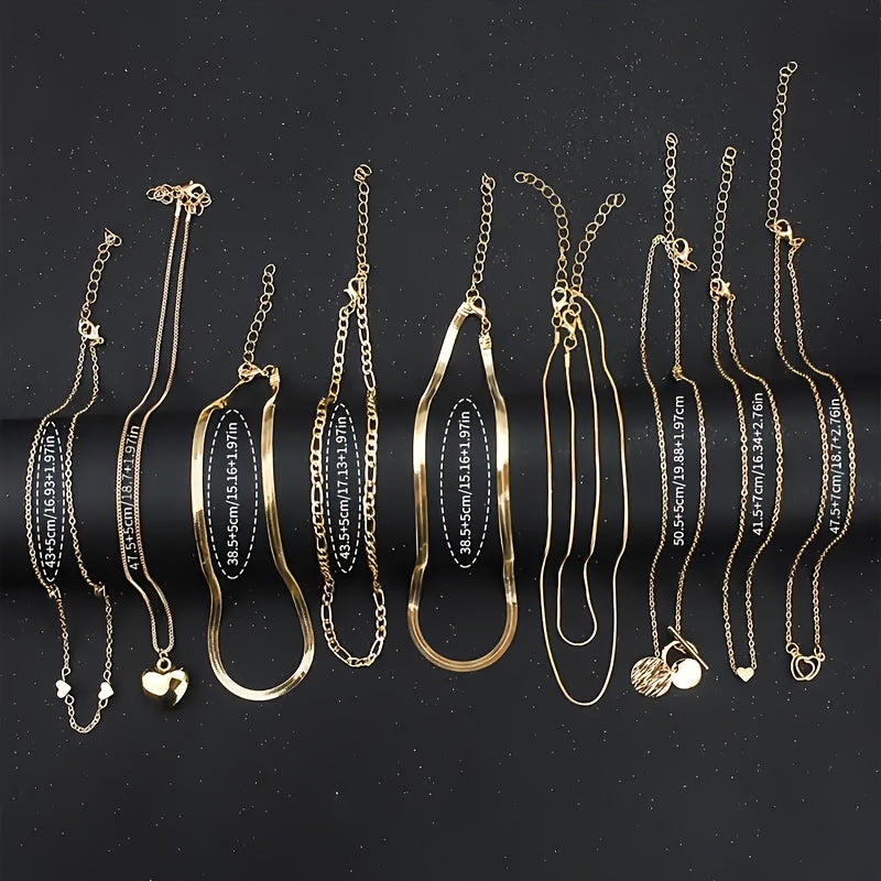 10pcs Vintage Luxury Necklace Set, Heart & Geometric Pendants, Snake Chains & OT Clasp, Alloy, for Daily Wear & Parties, Ideal Valentine'S Day Gift, All-Season Jewelry Collection