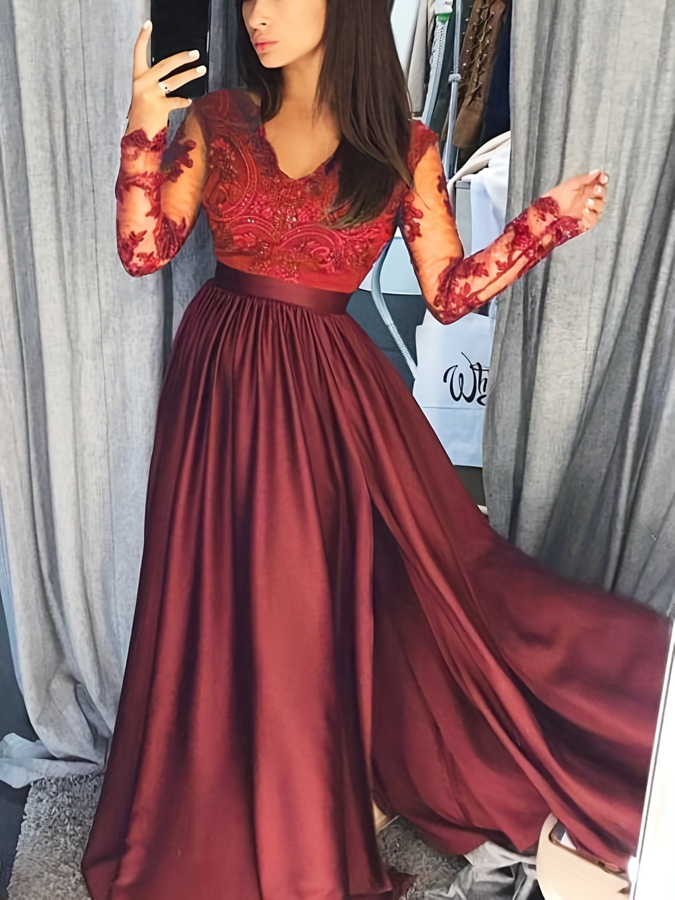 Women'S Crochet Lace Formal Dress Solid Color Long Sleeve Party Wedding Dress Bridesmaid Long Dress