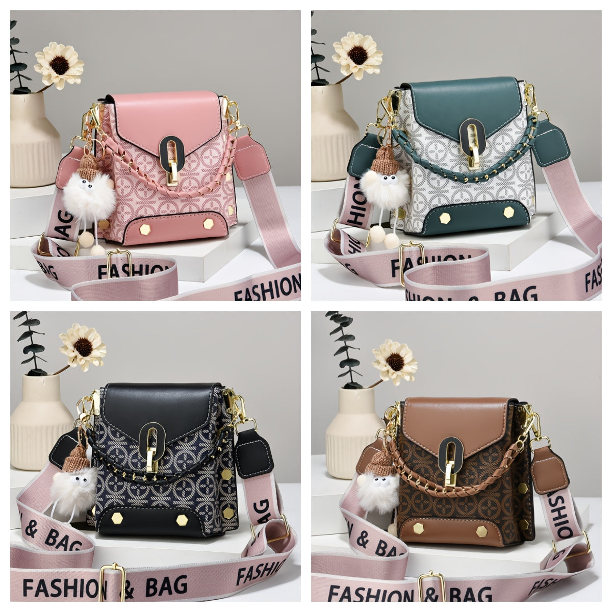 1pc Vintage Geometric Pattern PU Shoulder Bag for Women - Lightweight Crossbody Purse with Adjustable Wide Strap, Buckle Closure, Polyester Lining & Keychain Included in Deep Brown, Pink, Green, Black, Small Crossbody Bag