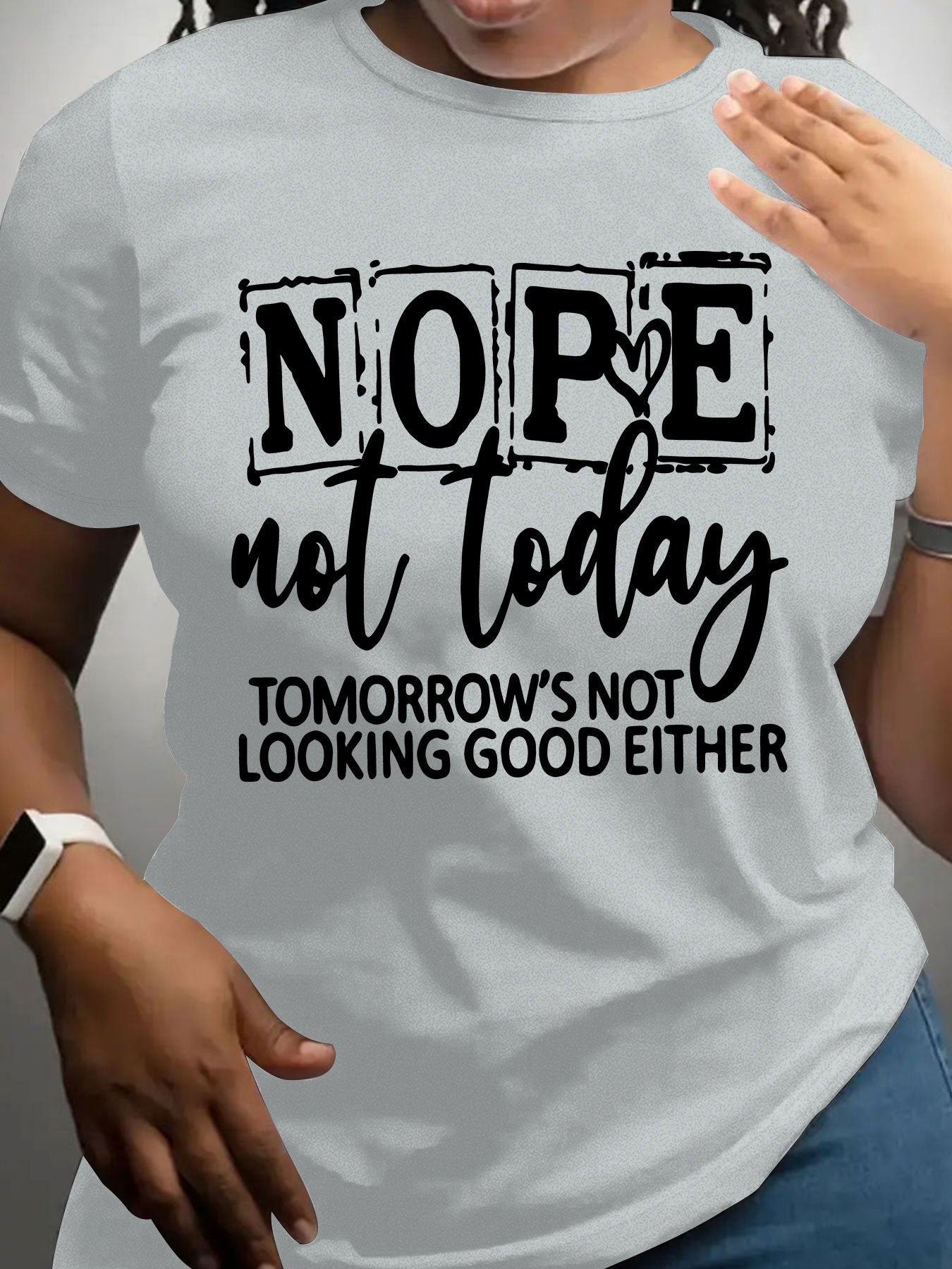 Women'S Casual NOPE Letter Print T-Shirt, 100% Polyester Knit Fabric, Crew Neck, Short Sleeve, Regular Length, Alphabet Pattern, All-Season Top