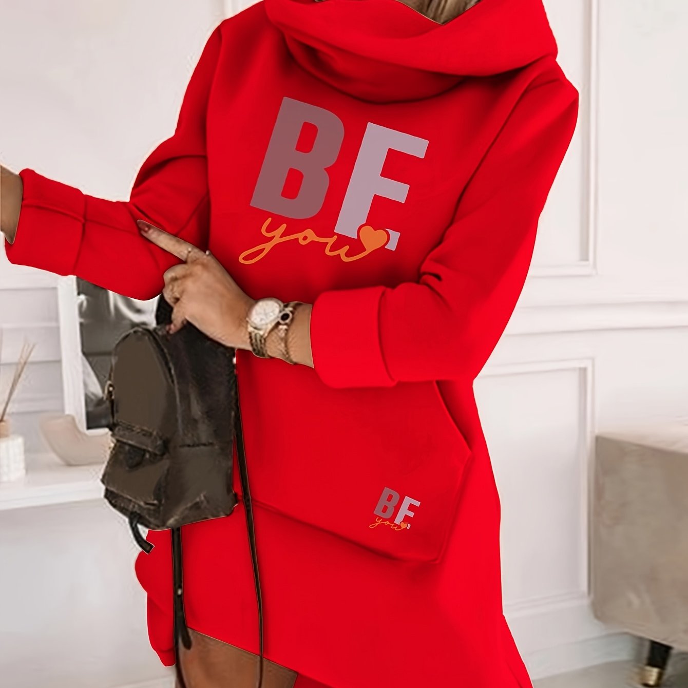 Women's Fashion Hooded Tunic Dress, 100% Polyester Knit Fabric, Geometric Pattern, Applique Detail, for Spring/Summer/Fall