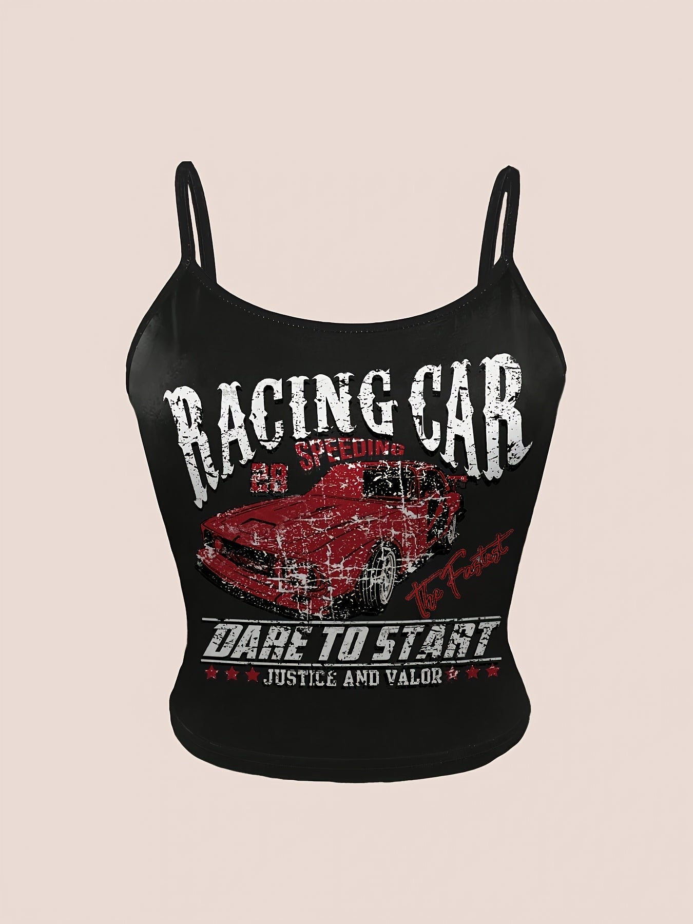 Y2K Style Racing Car Print Crop Top, Sleeveless Spaghetti Strap Tank Top for Women, Summer Letter & Symbol Design, Fashionable & Trendy, No Underwire, Y2K Fashion