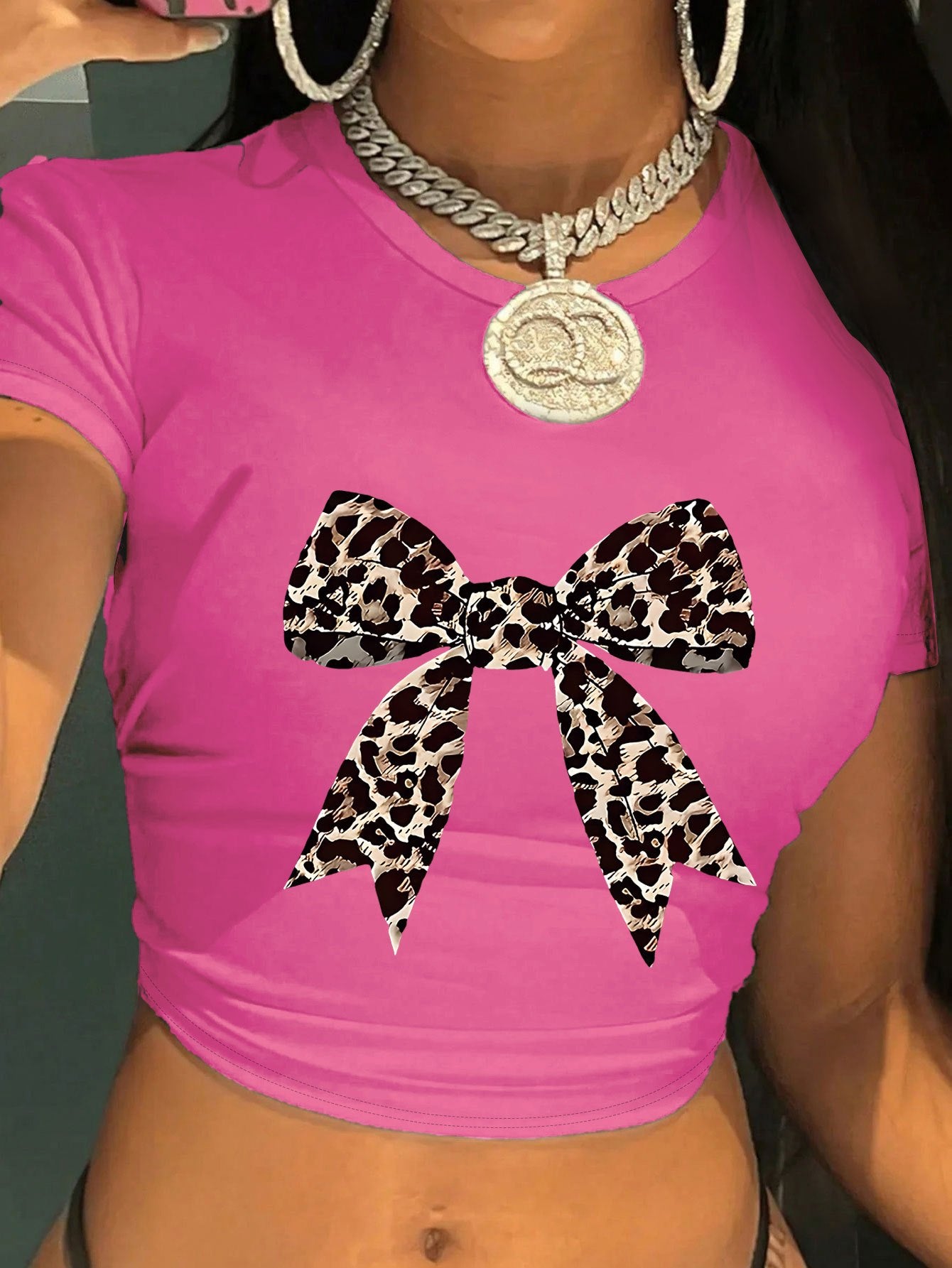 Women's Y2K Leopard Bow Print Cropped T-Shirt - Light Blue Soft Fabric, Machine Washable, Versatile Casual & Evening Wear, Style Statement Top | Elegant Design | Comfortable Fit, Leopard Print Shirt