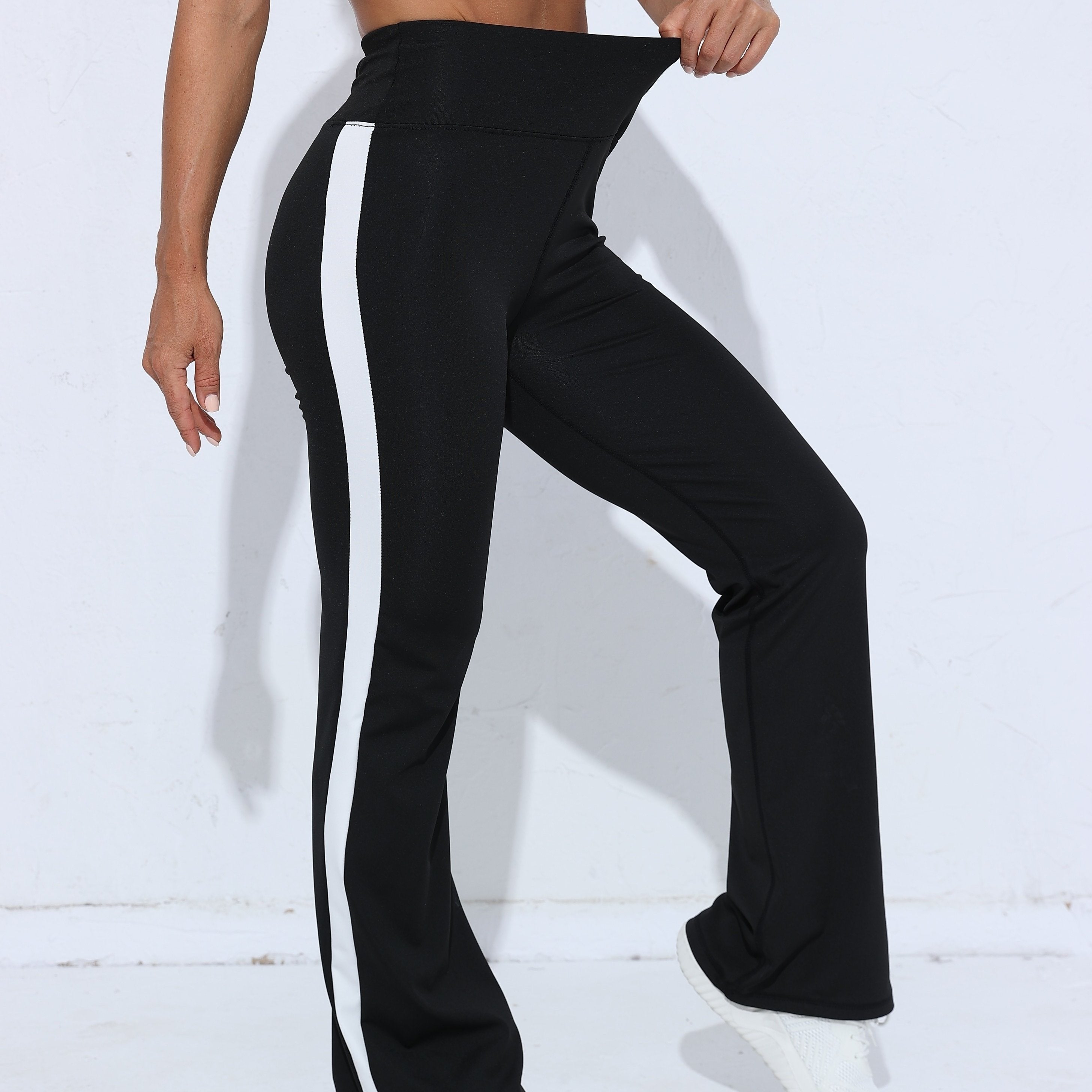 1pc Women's High-Waisted Yoga Pants - Tummy Control Tummy Control Stretchy Athletic Leggings with Striped Design, Flared Bottoms for Workout & Casual Wear, All-Season Machine Washable