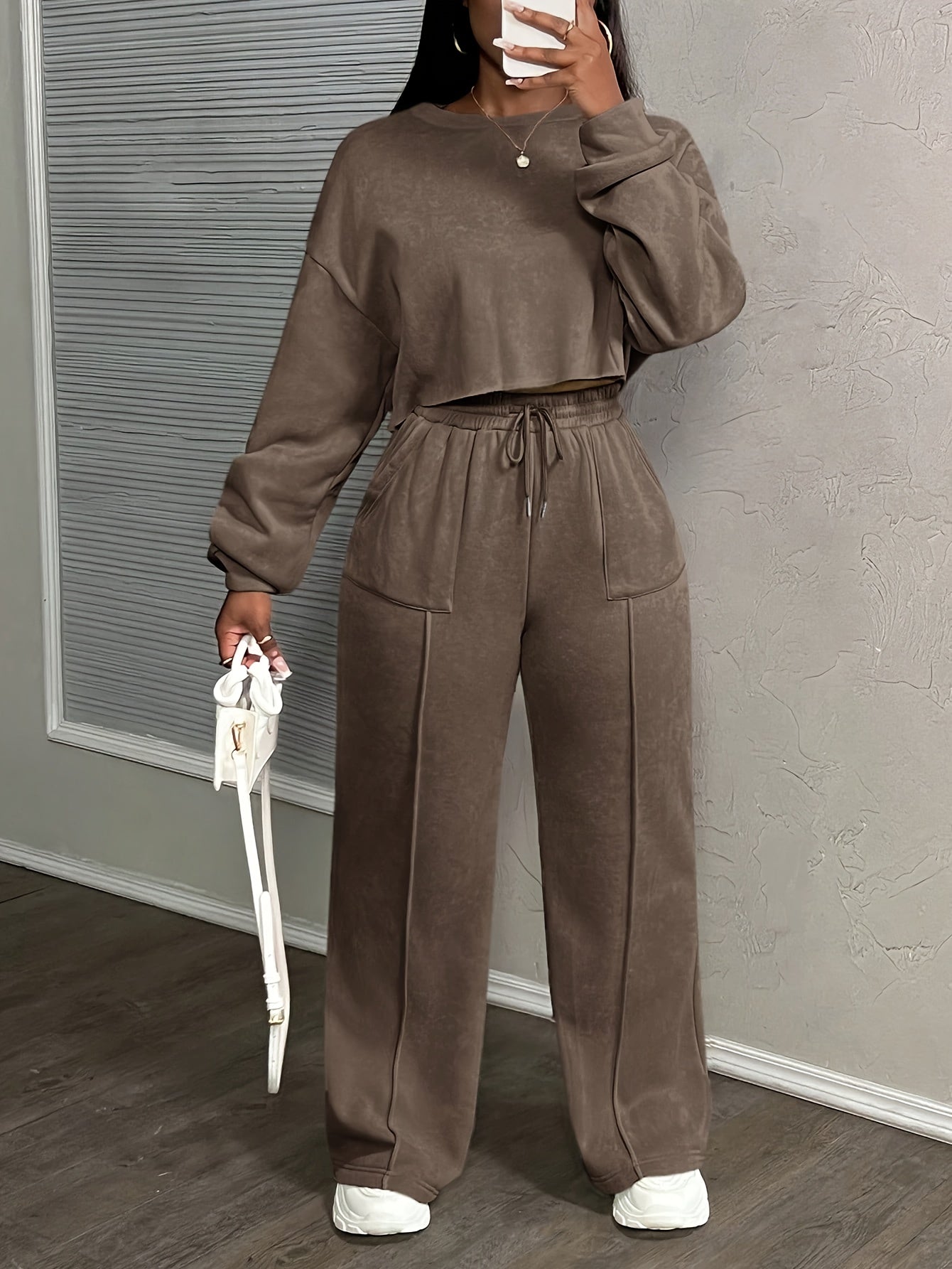 Women's Solid Color Casual Street Style Loose Pocket Drawstring Sports Suit