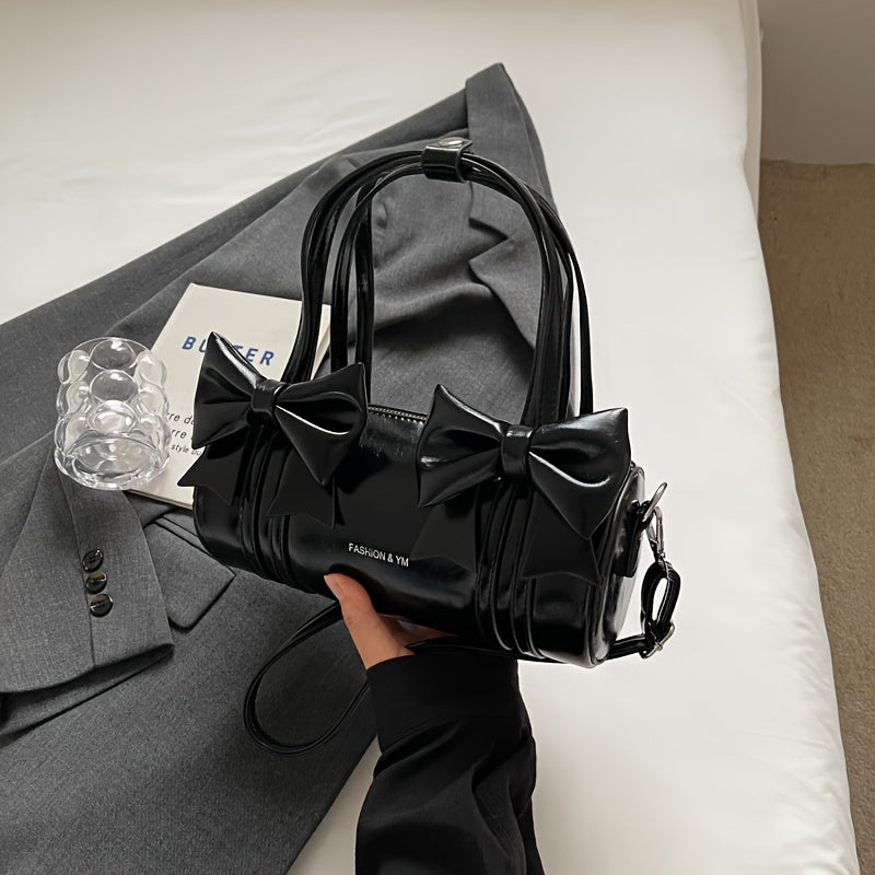 [Chic Appeal] Stylish Black Bow Tie Handbag - Large Capacity Crossbody Bag with Detachable Shoulder Strap, Elegant Glossy Finish & Polyester Lining, Crossbody Purse