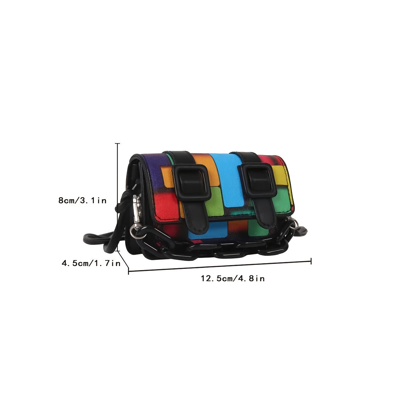 Color Block Mini Acrylic Chain Crossbody Bag - Vibrant Rainbow Pattern, Adjustable Strap, Magnetic Closure, Black Faux Leather, Stylish Accessory|Chain Strap Bag|Magnetic Closure Bag
