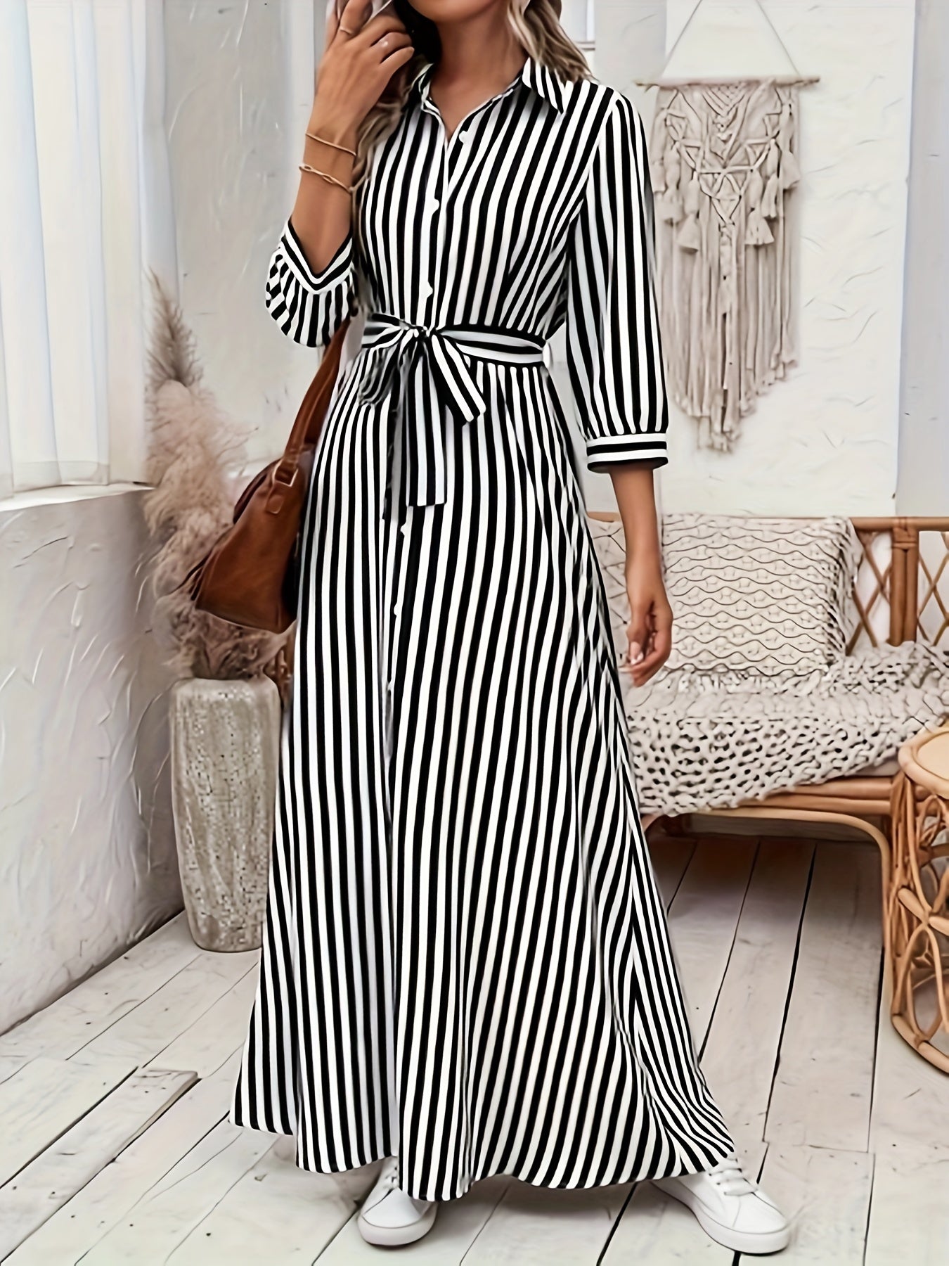Elegant Long Sleeve Striped Shirt Dress with Waist Tie - Casual Commute Fashion for Women, All-Season Comfort, Three-Quarter Sleeve, Button-Up, Casual Attire | Stylish Casualwear | Polo Collar Dress