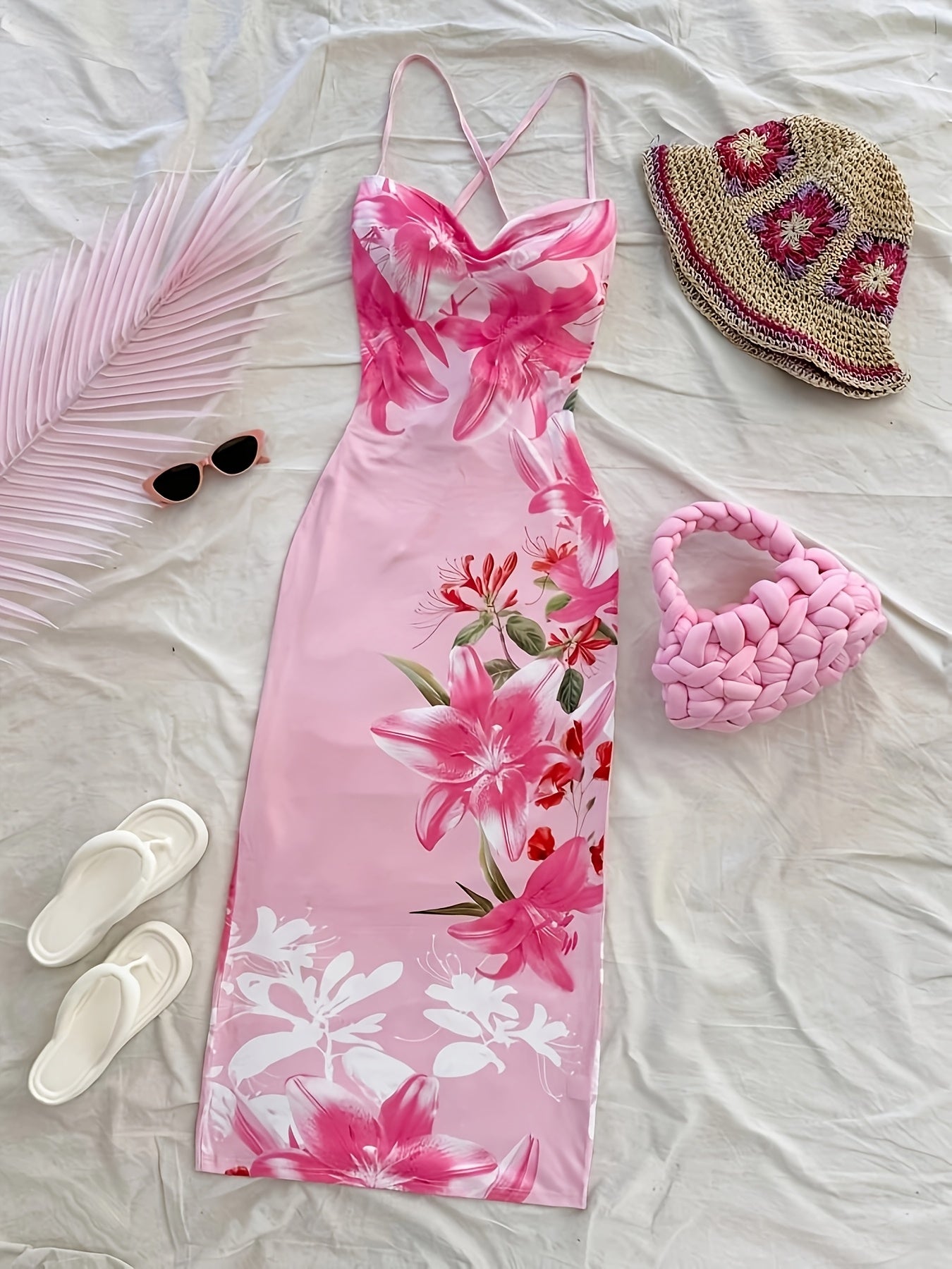 Women's Elegant Floral Print Backless Bodycon Midi Dress - Pink Vacation Style with Strappy Design, Perfect for Summer Getaways, Summer Vacation Dress | Floral Midi Dress | Sophisticated Style, Cute Summer Dresses