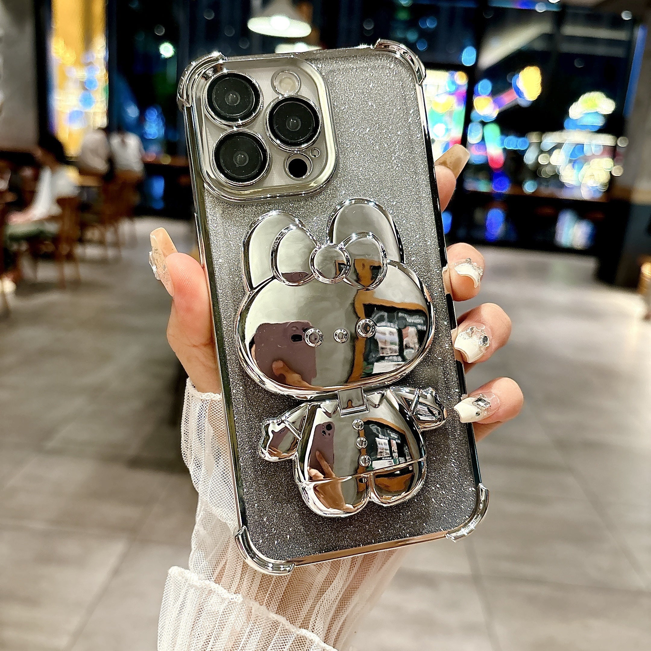 New Luxury Diamond-Inlaid Sparkling Invisible Makeup Mirror Mobile Phone Holder with Lens Protection, Cute Rabbit Holder Mobile Phone Case, Suitable for iPhone11/12/13/14/15/16 Pro Max/plus Mobile Phone Case Luxury Halloween-