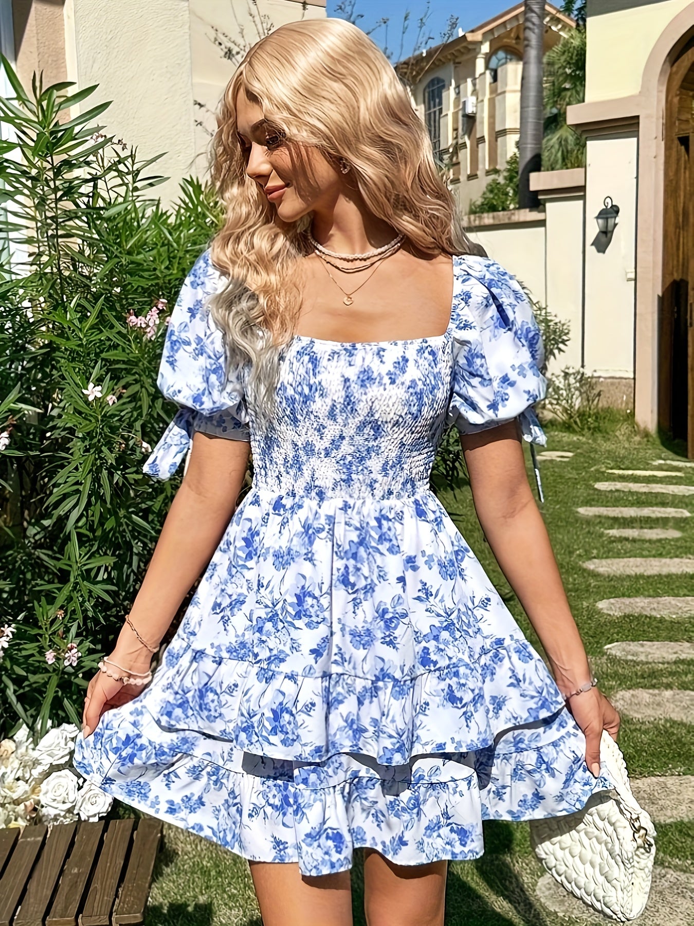 Floral Print Square Neck Dress, Elegant Ruffle Hem Puff Sleeve Dress For Spring & Summer, Women's Clothing