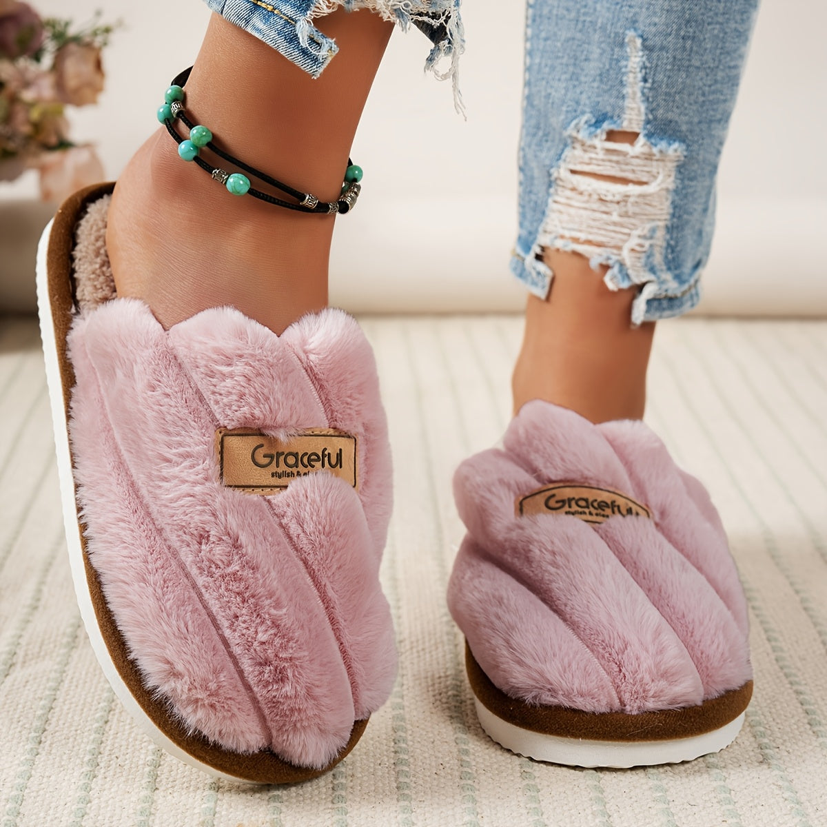 Women'S Minimalist Stylish Indoor Cozy Warm Soft-Bottom Silent Fluffy Slippers