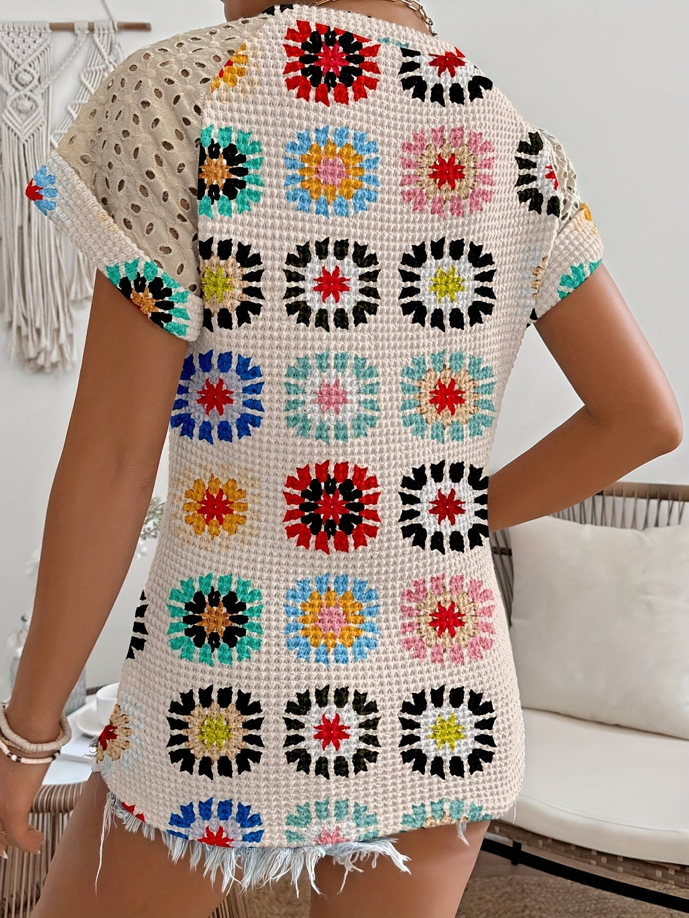 Women's Stylish Geometric Print T-Shirt with Lace Sleeves & Color Block Cuffs - Lightweight Polyester Blend for Spring, Summer & Fall - Machine Washable Casual Top, Casual Summer Top | Lace Sleeves Top | Trendy Tshirt