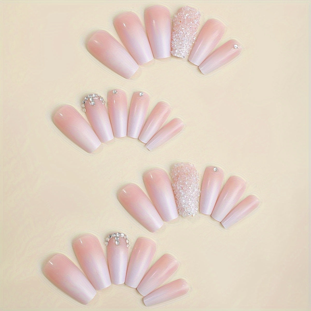 48pcs/ Set, Pink And White Gradient Nail-Pressing Flash Zirconia Design, Glossy Long Ballet Acrylic Fake Nails, Suitable for Birthday Thanksgiving, Valentine'S Day And Mother'S Day Graduation Party.