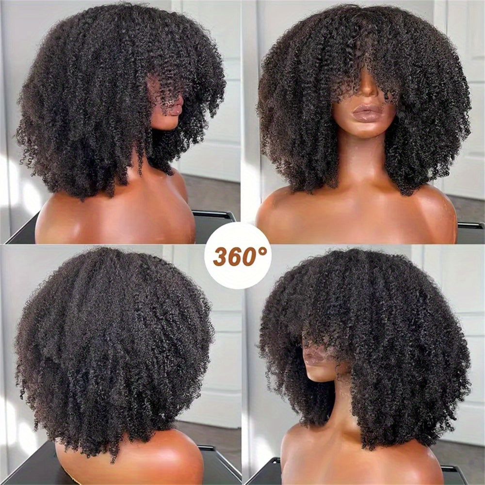 16" Soft & Fluffy Afro Kinky Curly Wig with Bangs - Natural Black Human Hair for Women, Perfect for Daily Wear, Parties, and Cosplay