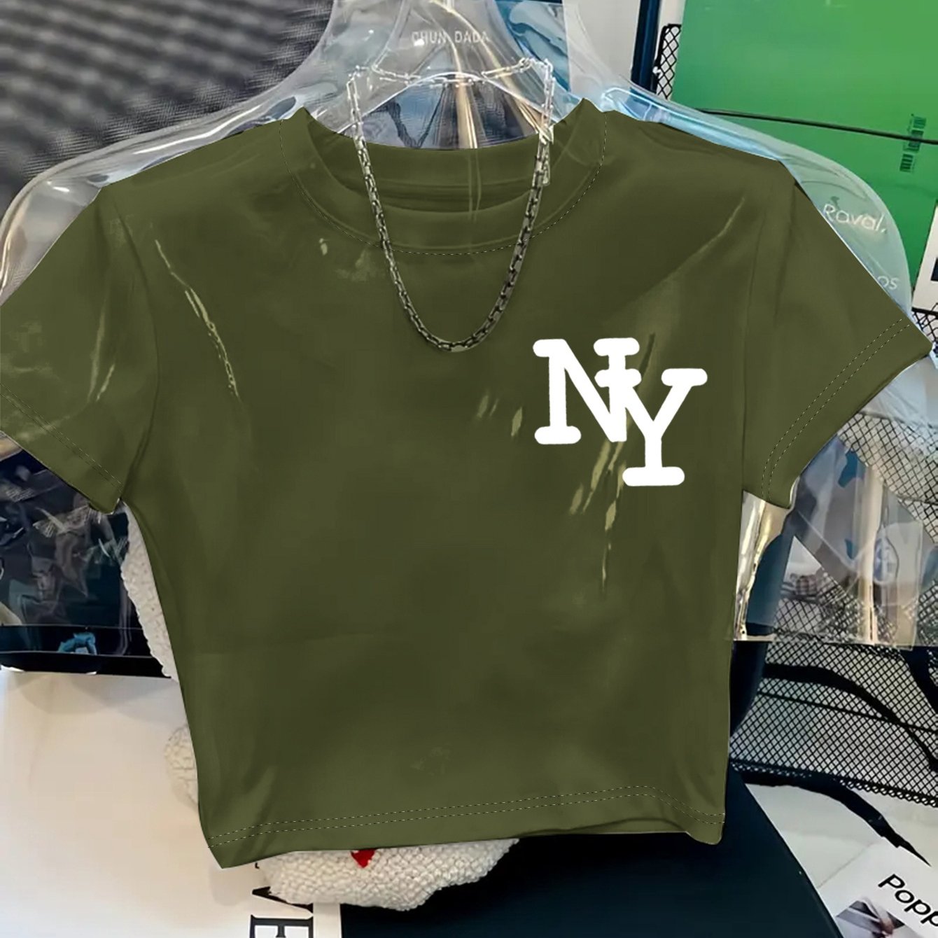 Women's Y2K Style NY Monogram Graphic T-Shirt - Soft Stretchy Polyester Blend, Oversized Cropped Fit, Machine Washable Spring/Summer Casual Top