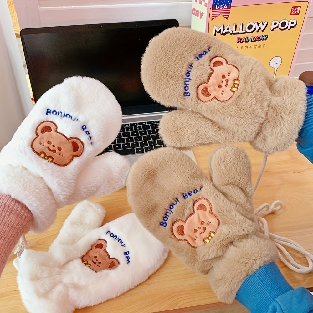 Cozycraft, Cozy Fleece-Lined Winter Gloves with Cute Bear Design - Windproof, Warm Mittens for Outdoor Activities, Non-Slip Touchscreen Compatible, Winter Accessories