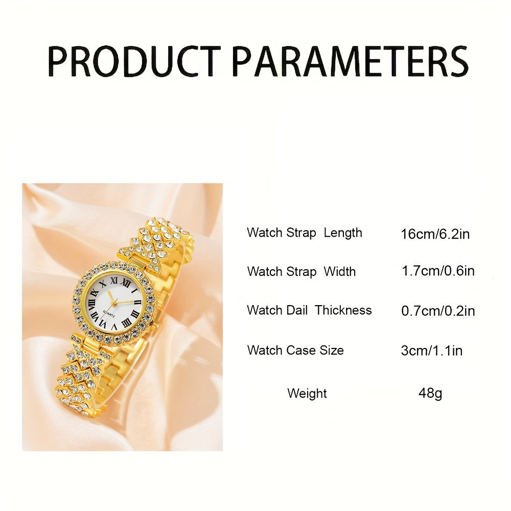6pcs/set Women's Luxury Rhinestone Quartz Watch Shiny Golden Fashion Analog Wrist Watch & Jewelry Set, Gift For Mom Her